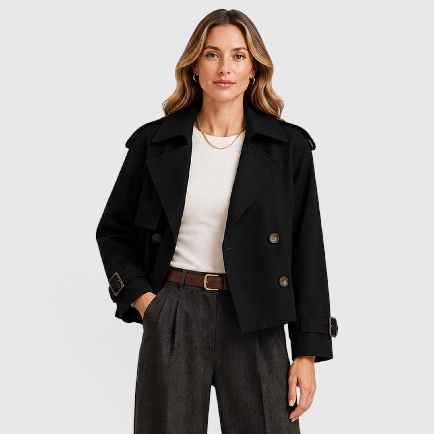 Women's Double Breasted Trench Coat with cropped.