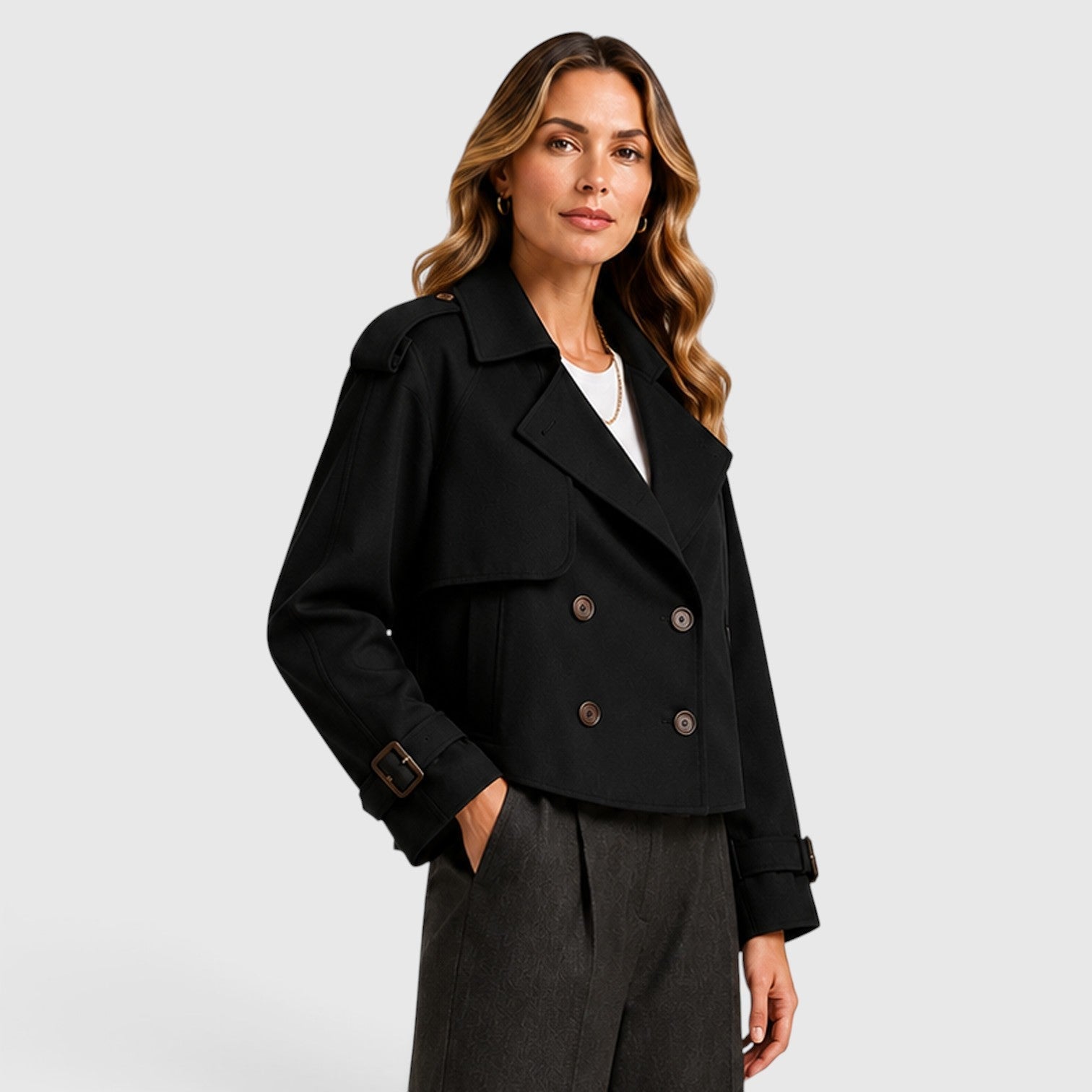 Alternate product view 2 of women's Double Breasted Trench Coat with cropped.