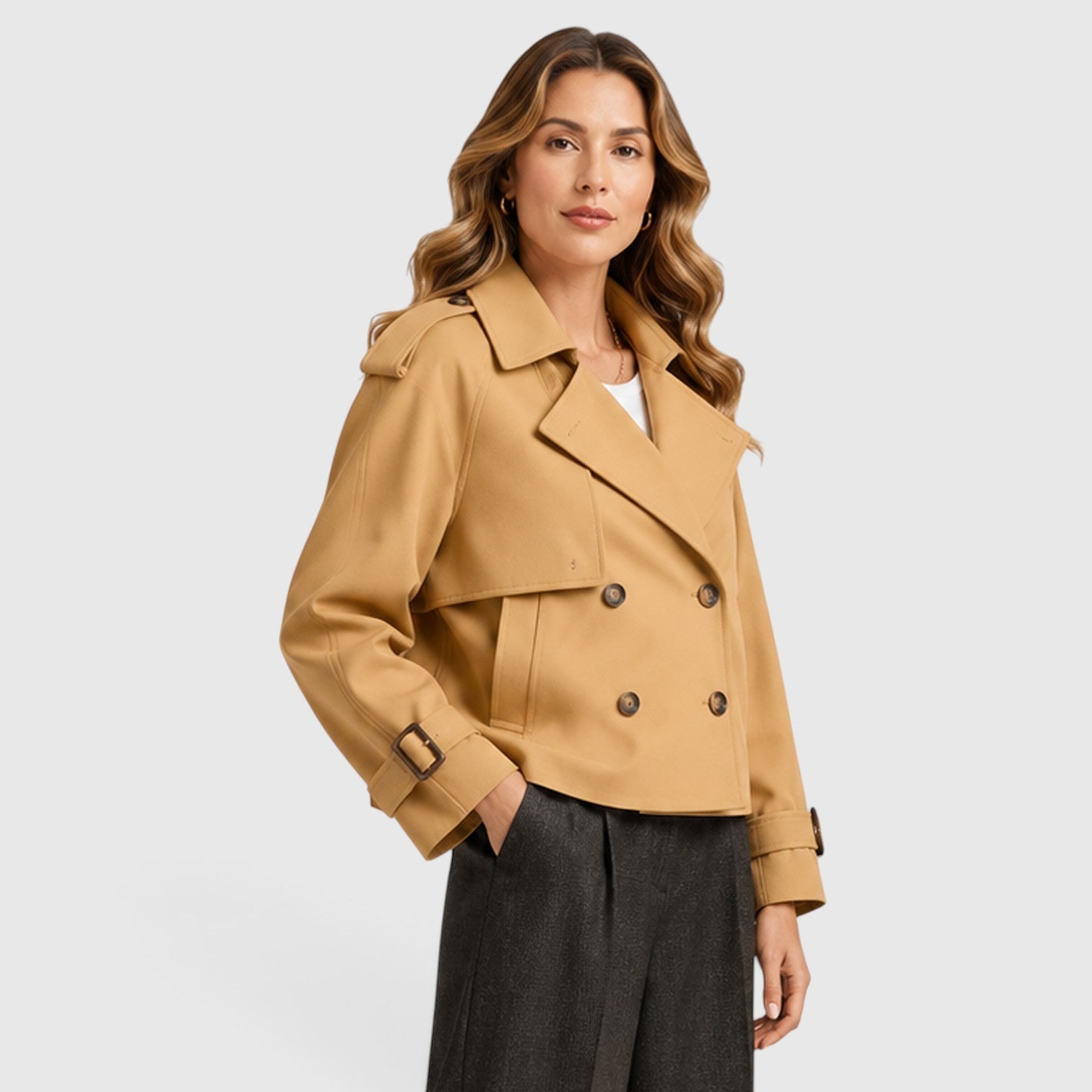Alternate product view 6 of women's Double Breasted Trench Coat with cropped.