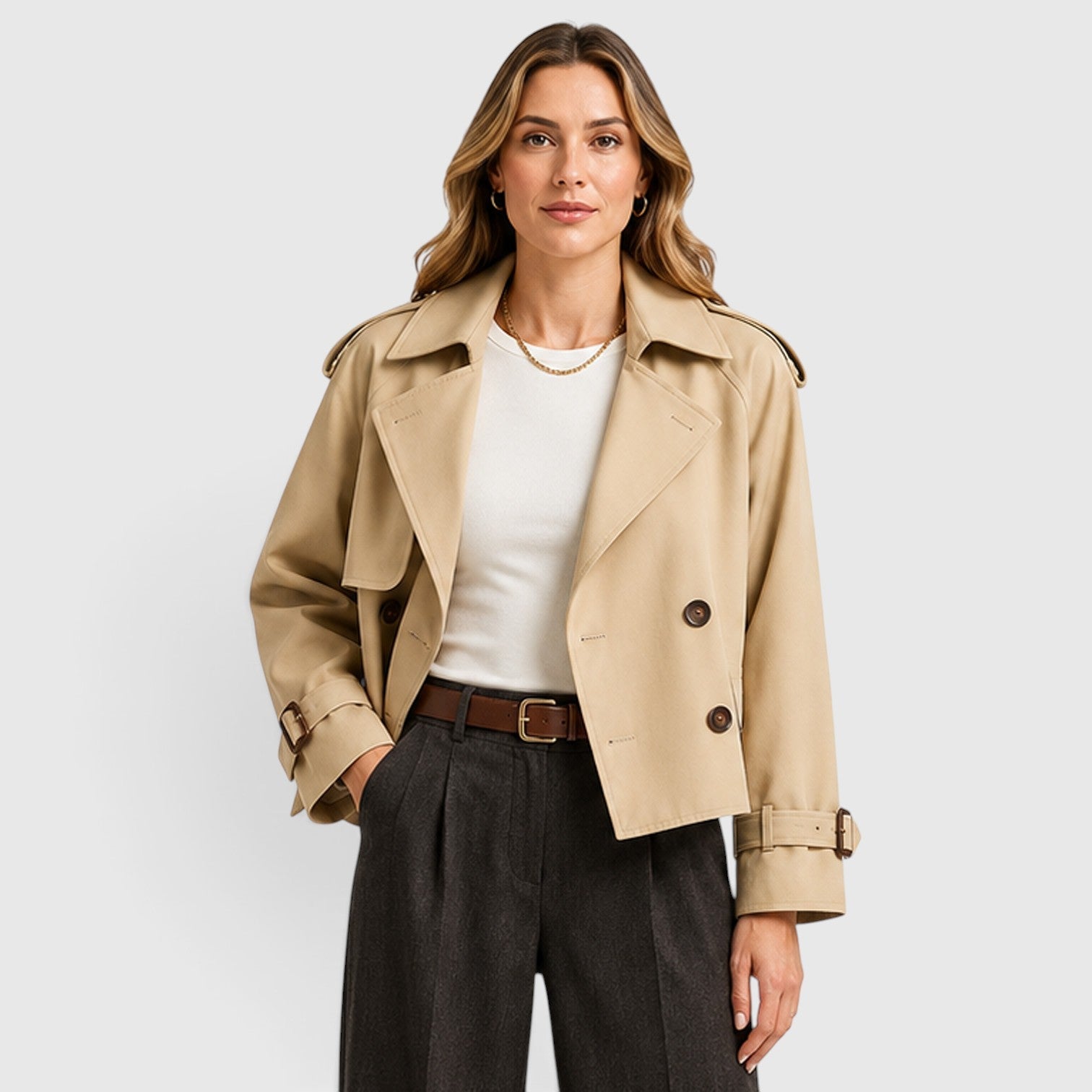 Alternate product view 8 of women's Double Breasted Trench Coat with cropped.