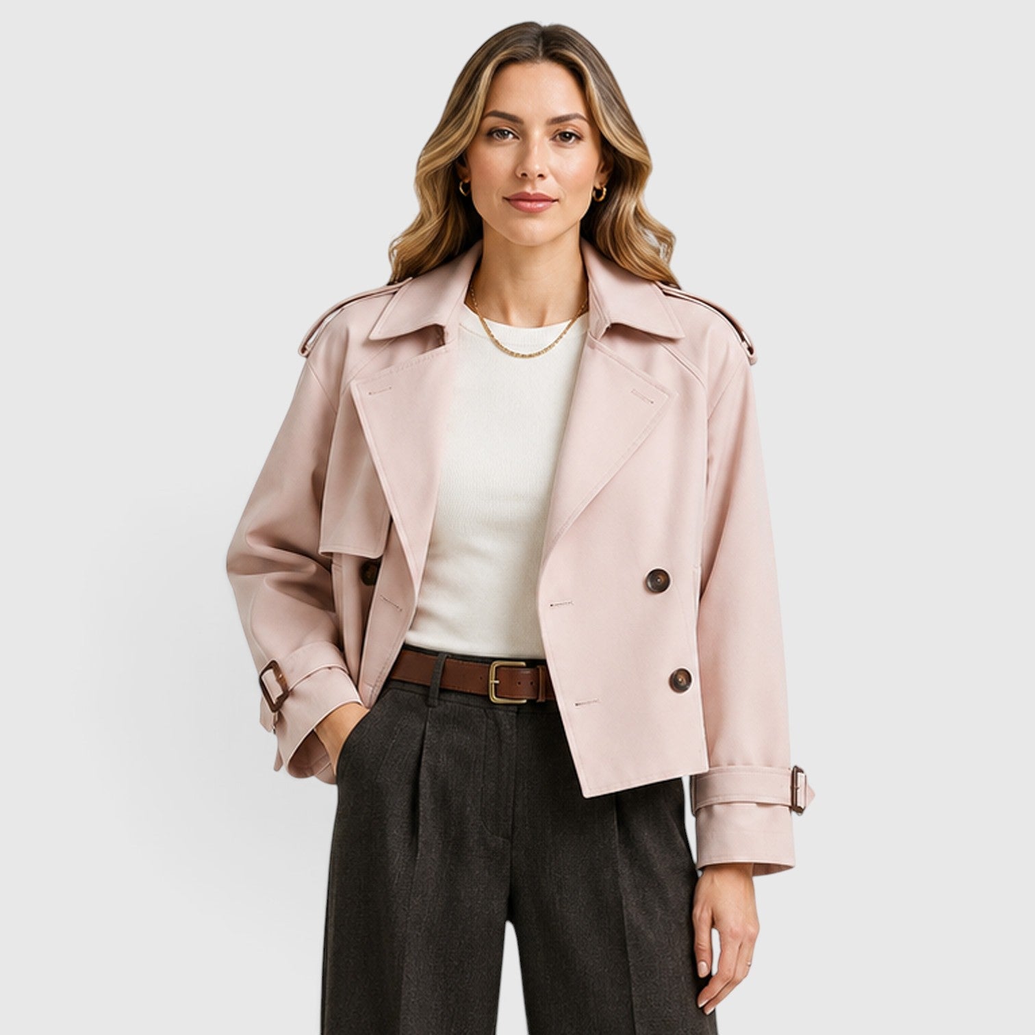 Alternate product view 14 of women's Double Breasted Trench Coat with cropped.