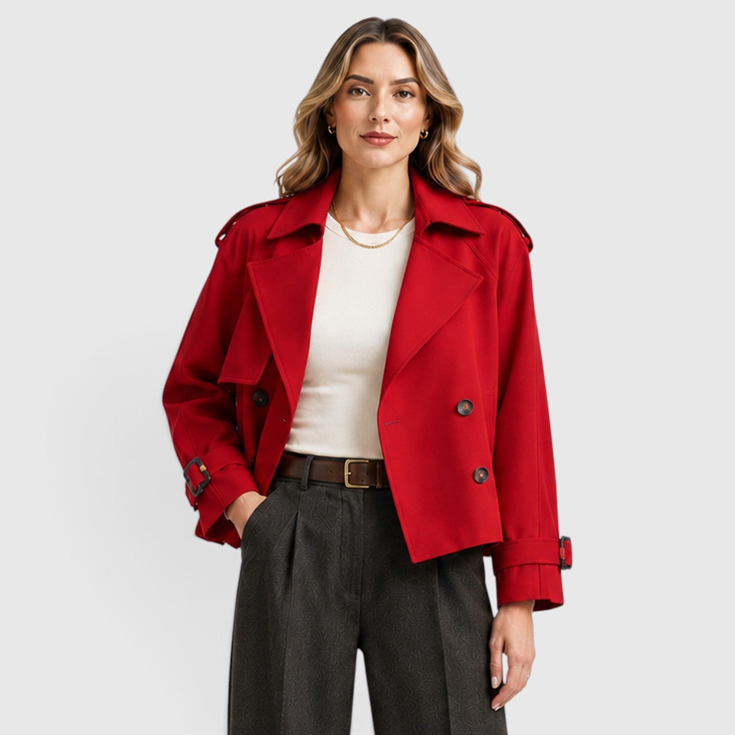 Alternate product view 18 of women's Double Breasted Trench Coat with cropped.