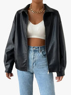 Women's Faux Bomber Jacket with Zip Front Point Collar, view 1 of 3