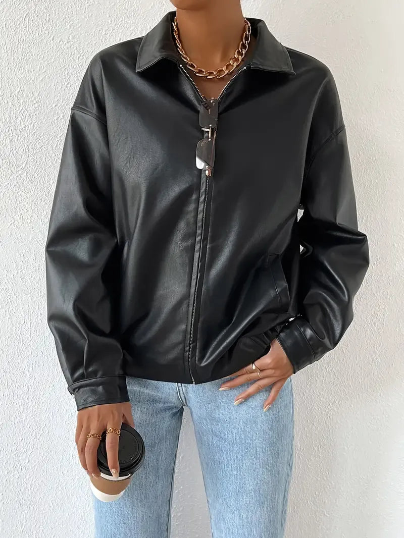 Women's Faux Bomber Jacket with Zip Front Point Collar, view 2 of 3