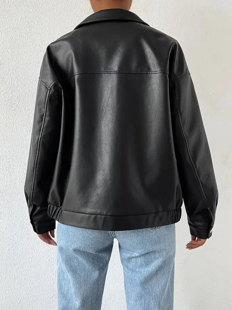 Women's Faux Bomber Jacket with Zip Front Point Collar, view 3 of 3