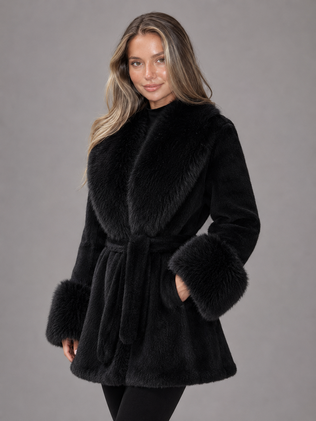 Women's Faux Fur Belted Collar Coat with Longline Fit, view 2 of 10