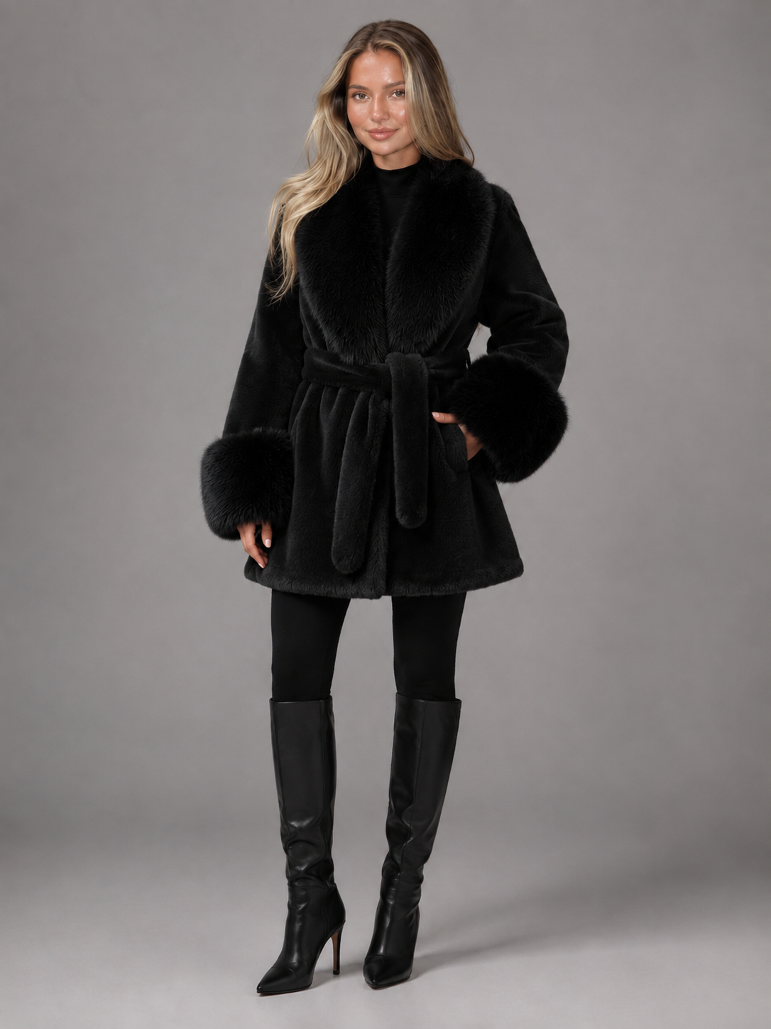 Women's Faux Fur Belted Collar Coat with Longline Fit, view 3 of 10