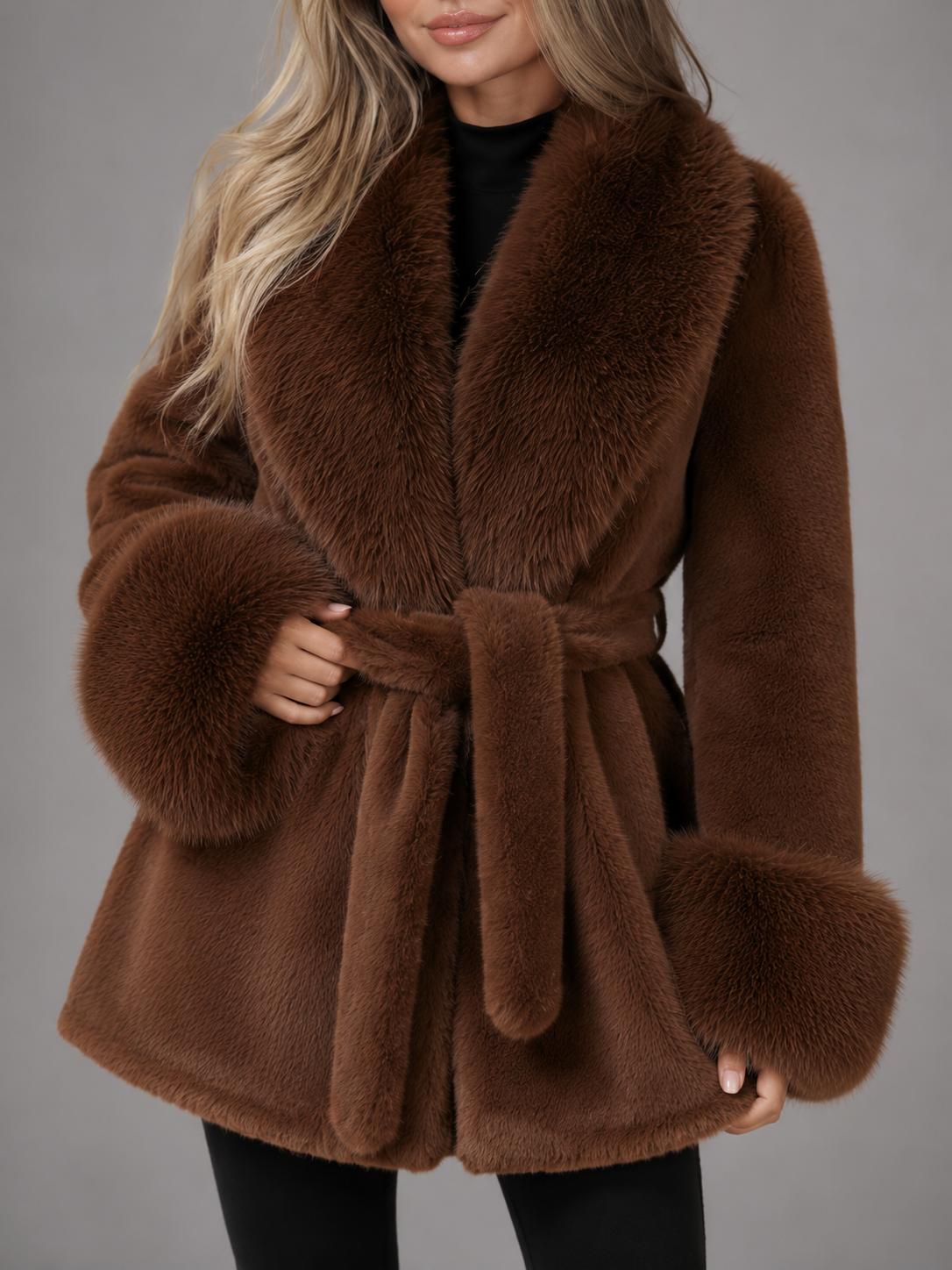 Women's Faux Fur Belted Collar Coat with Longline Fit, view 4 of 10