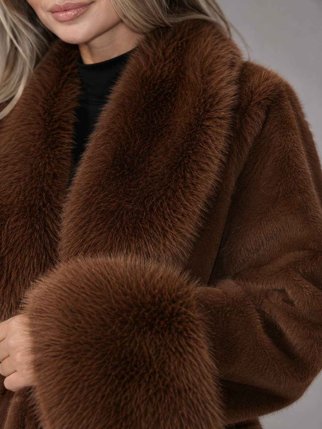 Women's Faux Fur Belted Collar Coat with Longline Fit, view 5 of 10