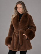 Women's Faux Fur Belted Collar Coat with Longline Fit, view 9 of 10