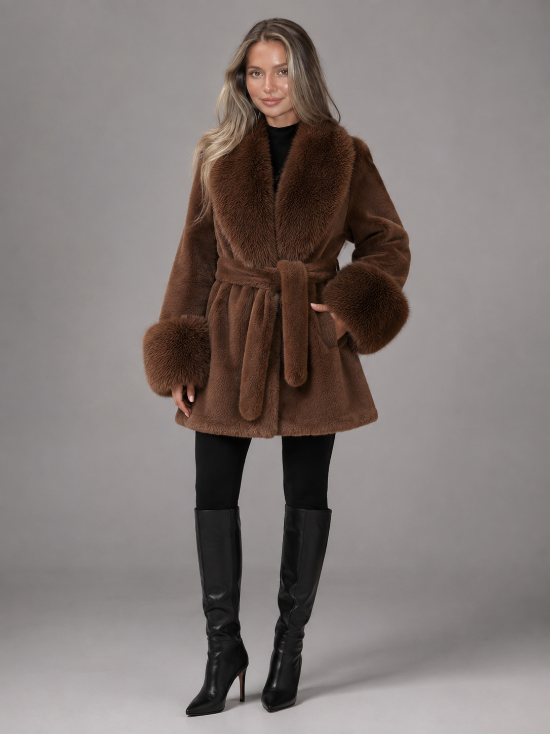 Women's Faux Fur Belted Collar Coat with Longline Fit, view 10 of 10