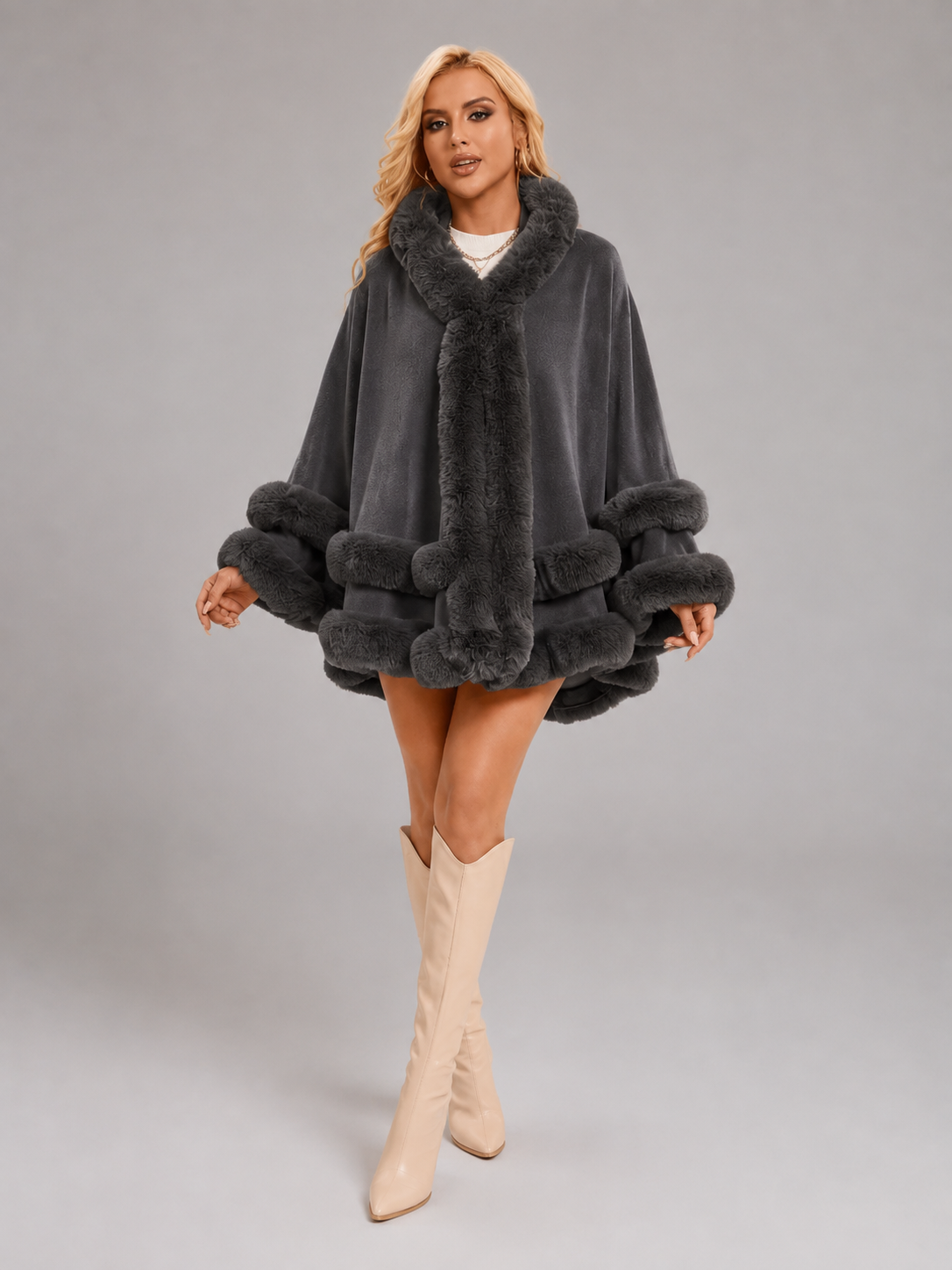 Women's Faux Fur Cape Cardigan with Flared Trim, view 5 of 10