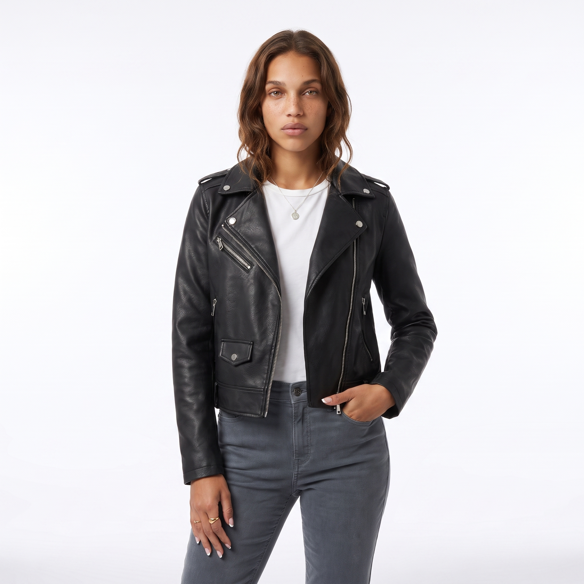 Women's Faux Leather Biker Jacket with Asymmetric Zip, view 5 of 7
