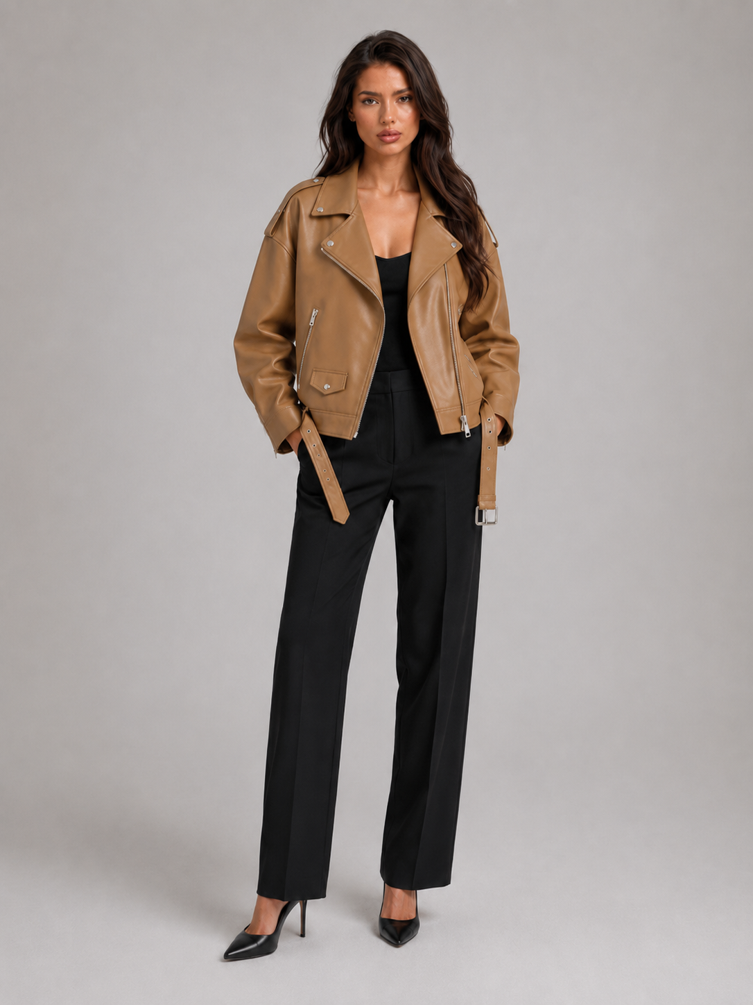 Women's Faux Leather Biker Jacket with Oversized Fit, view 2 of 8