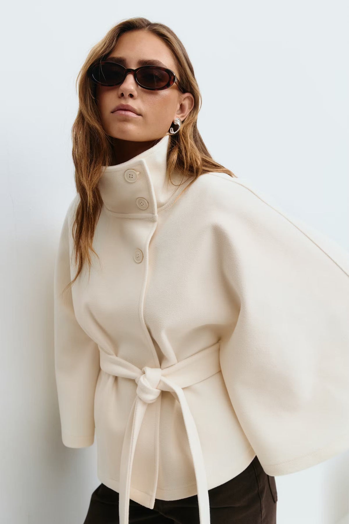 Women's Funnel Neck Cape Coat with Belted Design, view 1 of 10