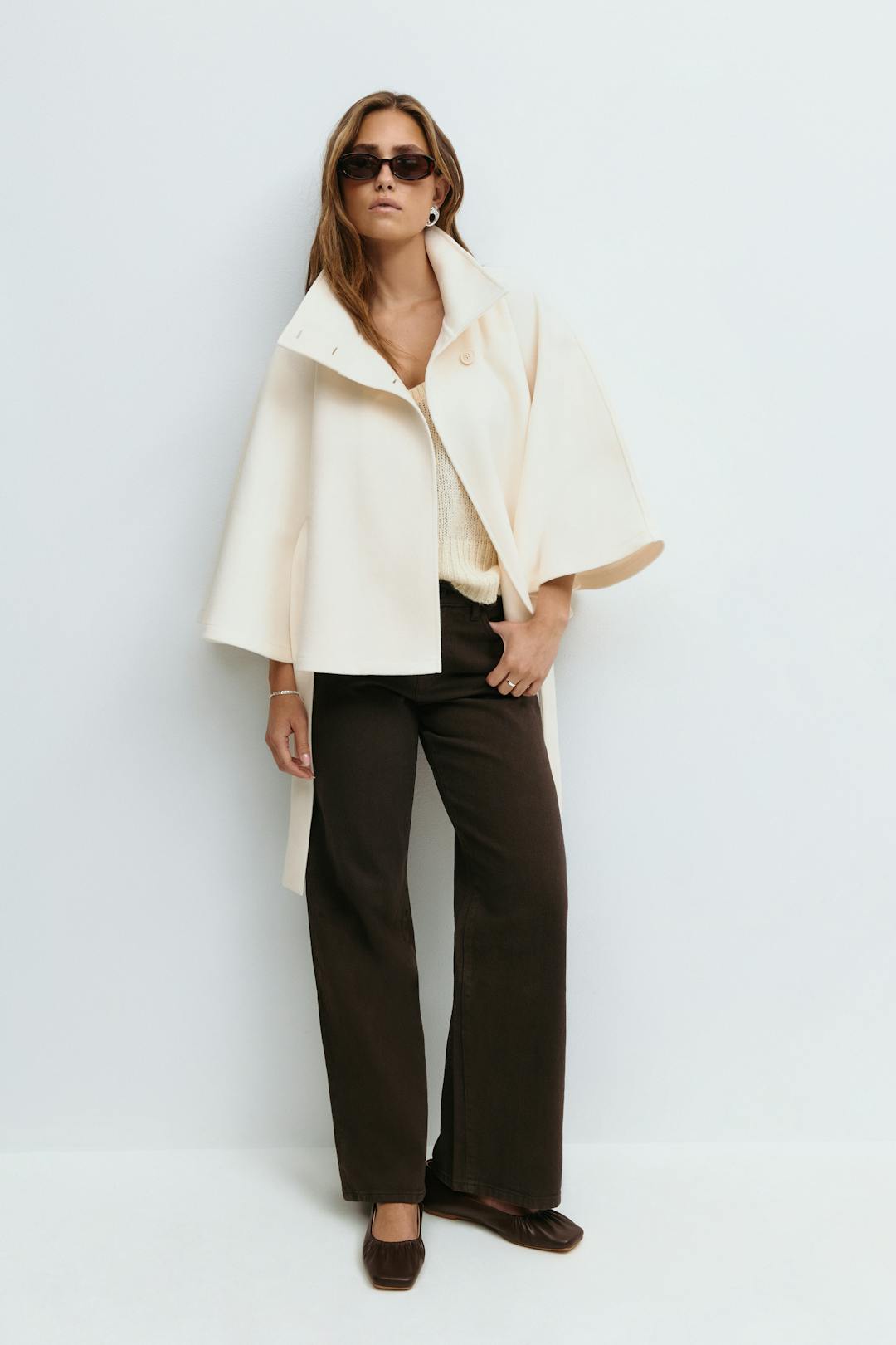 Women's Funnel Neck Cape Coat with Belted Design, view 4 of 10