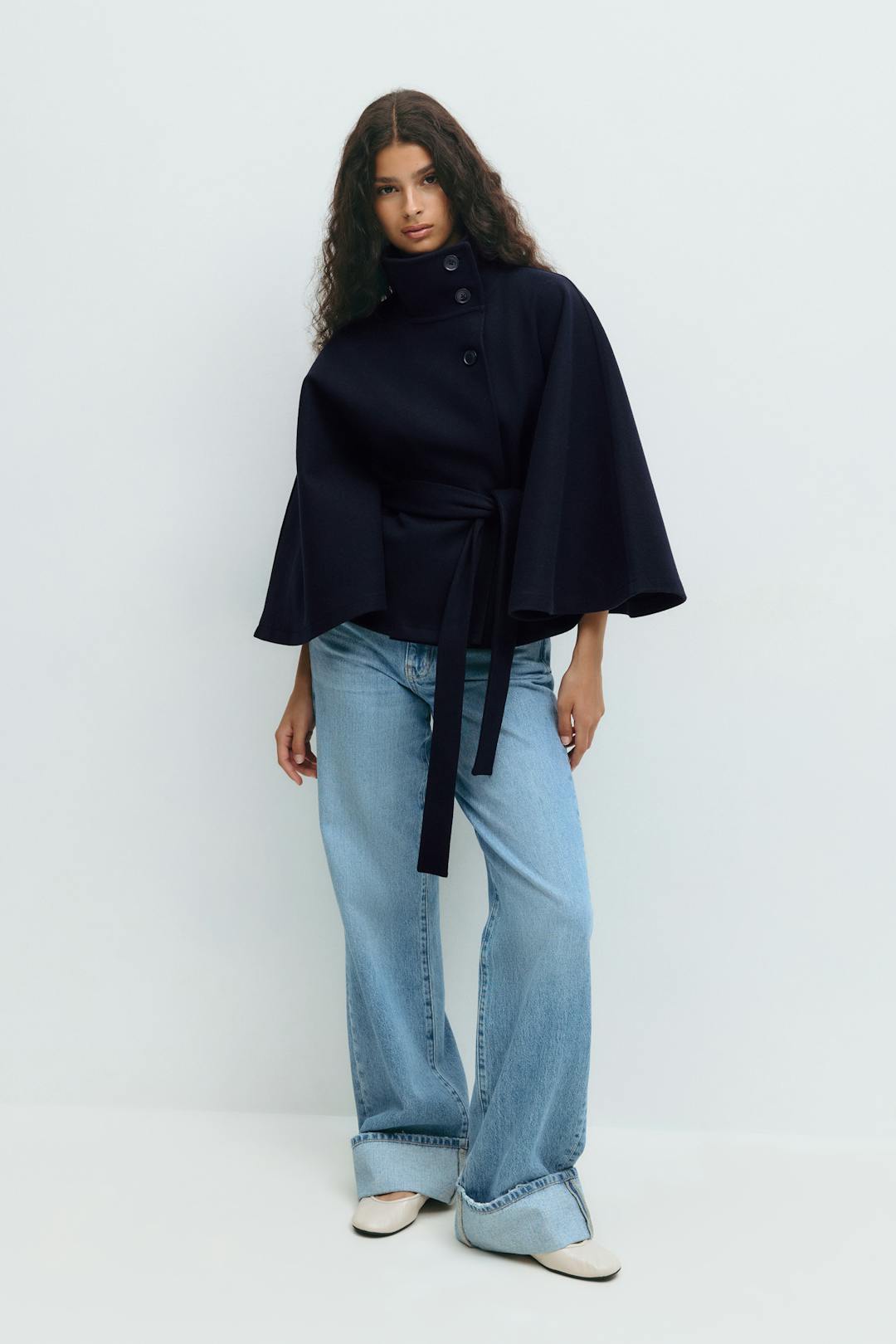 Women's Funnel Neck Cape Coat with Belted Design, view 7 of 10