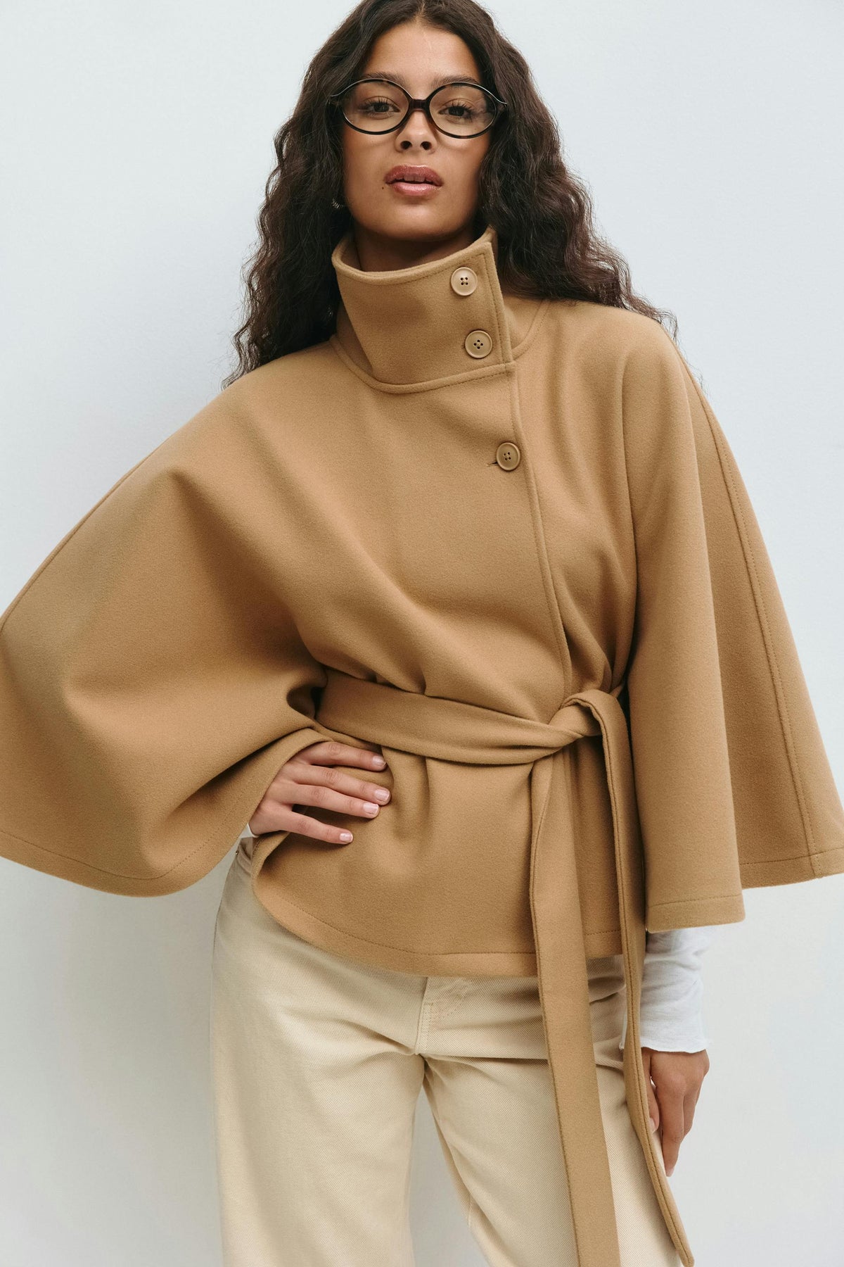 Women's Funnel Neck Cape Coat with Belted Design, view 8 of 10
