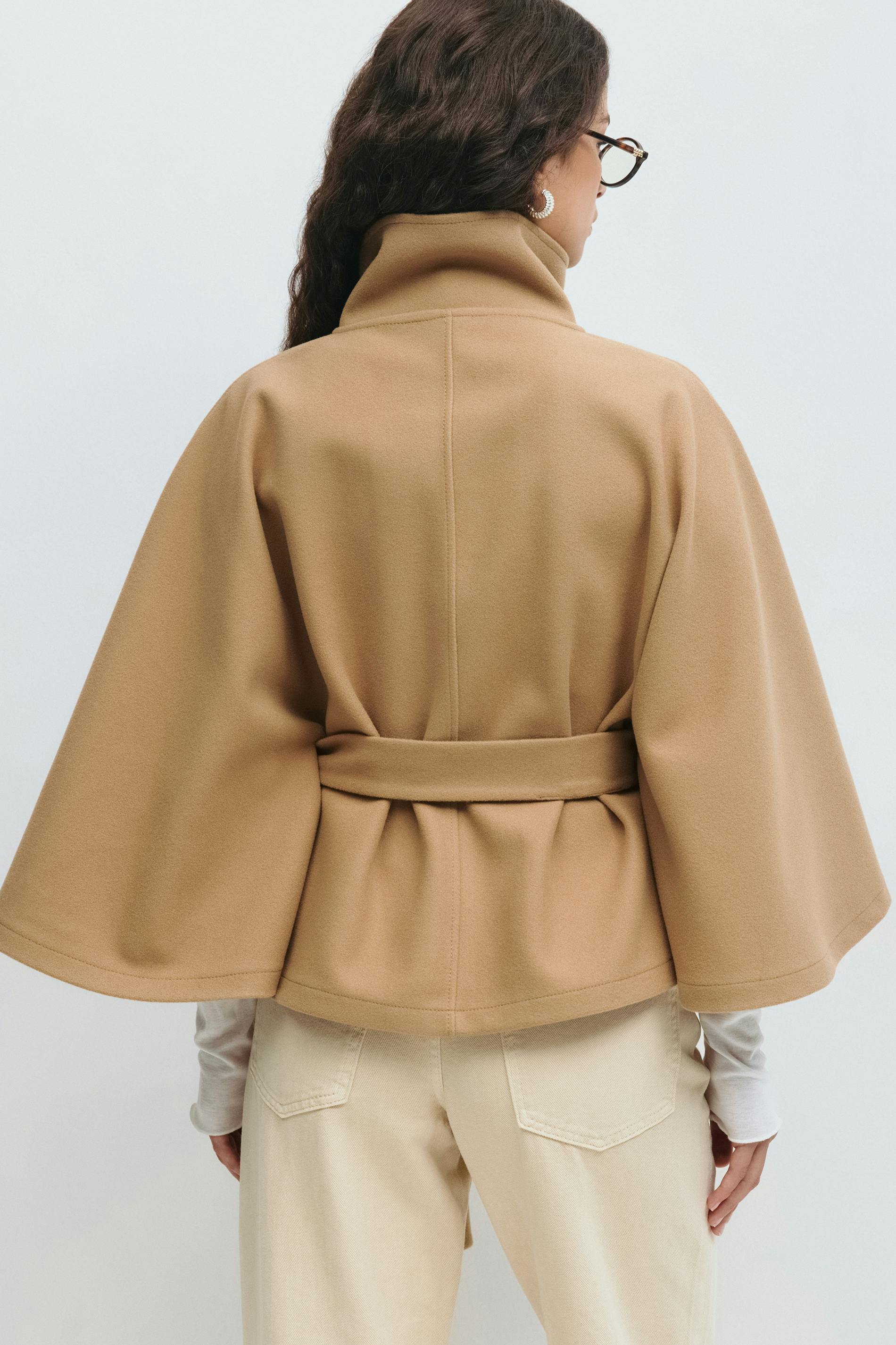 Women's Funnel Neck Cape Coat with Belted Design, view 9 of 10