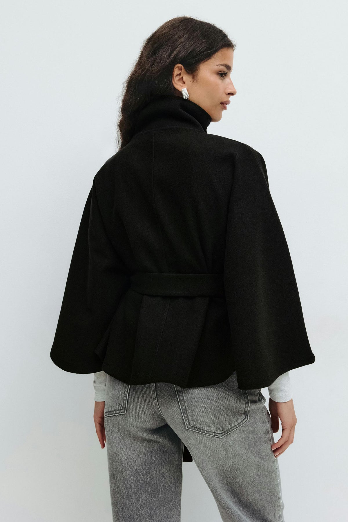Women's Funnel Neck Cape Coat with Belted Design, view 10 of 10