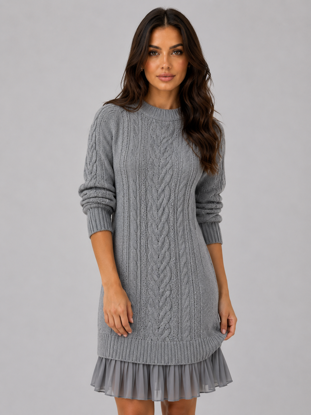 Women's grey cable knit mini dress with pleated hem, front view