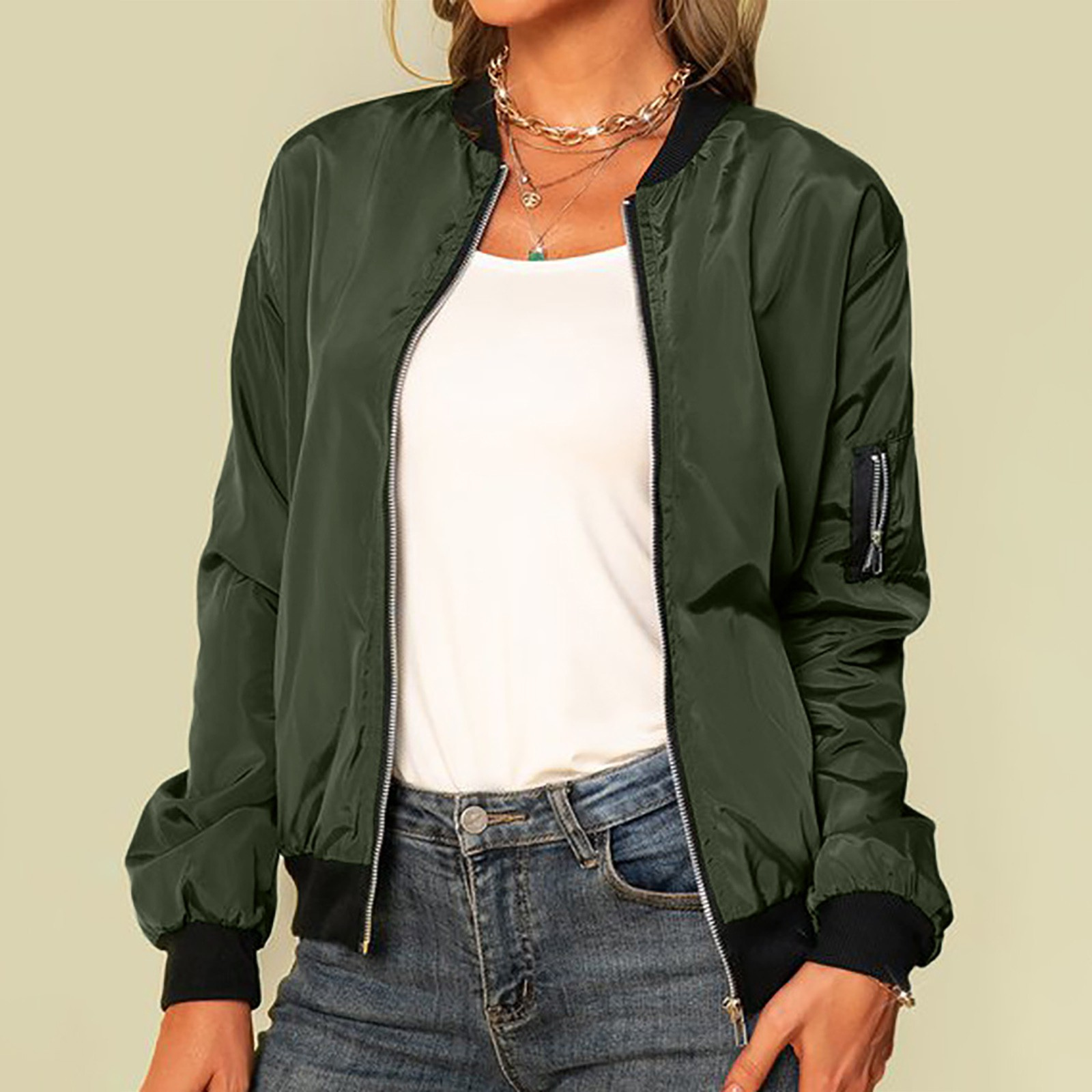 Women's High Neck Bomber Jacket with Oversized Zip Front, view 1 of 3