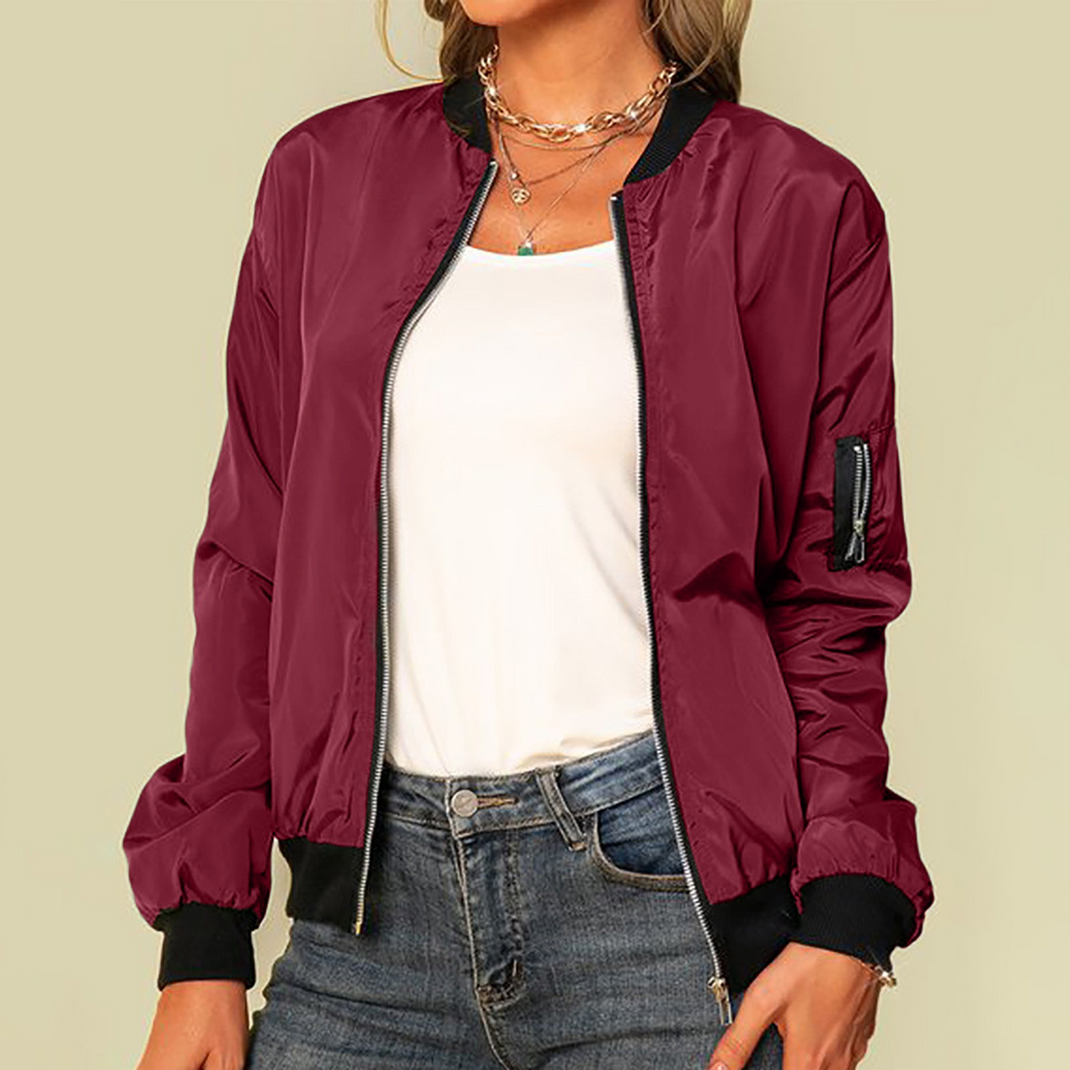 Women's High Neck Bomber Jacket with Oversized Zip Front, view 2 of 3