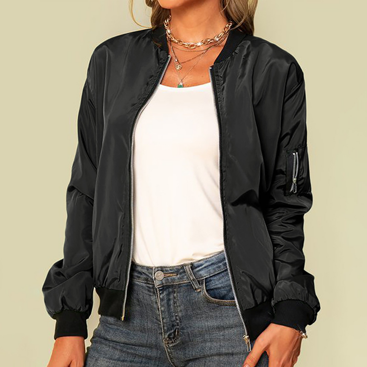 Women's High Neck Bomber Jacket with Oversized Zip Front, view 3 of 3