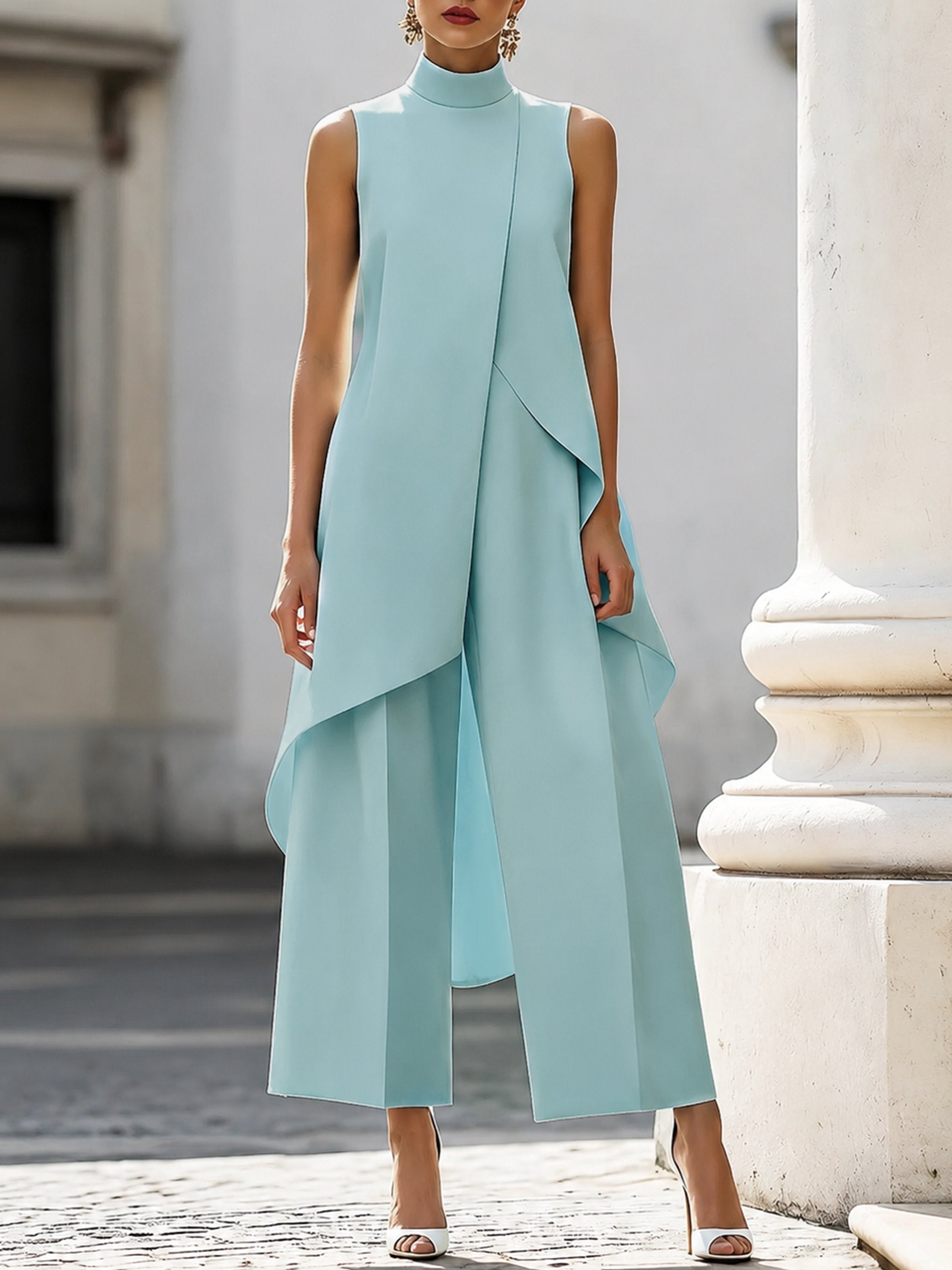 Asymmetric Drape Co-Ord Set Sleeveless - Elegant Style