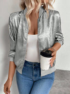Women's High Neck Zip-Up Bomber Jacket with Cropped Fit, view 15 of 15