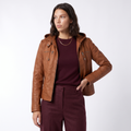 Women's Hooded Leather Biker Jacket with Zip Front, view 1 of 9