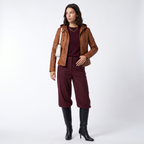 Women's Hooded Leather Biker Jacket with Zip Front, view 2 of 9