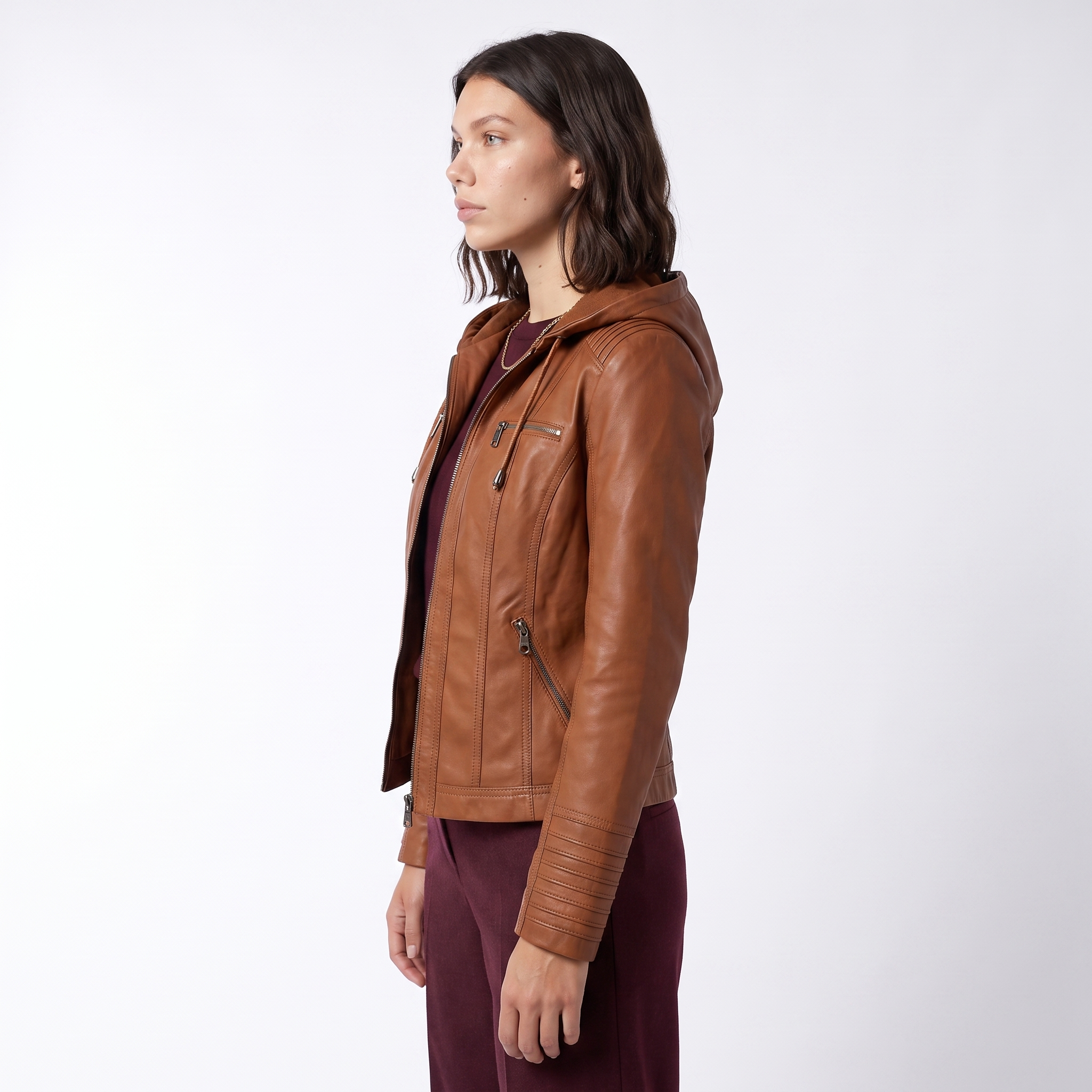 Women's Hooded Leather Biker Jacket with Zip Front, view 3 of 9