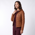 Women's Hooded Leather Biker Jacket with Zip Front, view 4 of 9