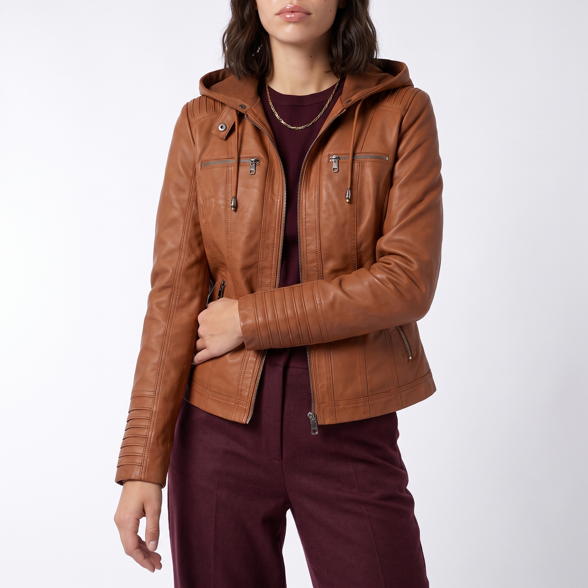 Women's Hooded Leather Biker Jacket with Zip Front, view 5 of 9