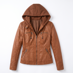 Women's Hooded Leather Biker Jacket with Zip Front, view 6 of 9