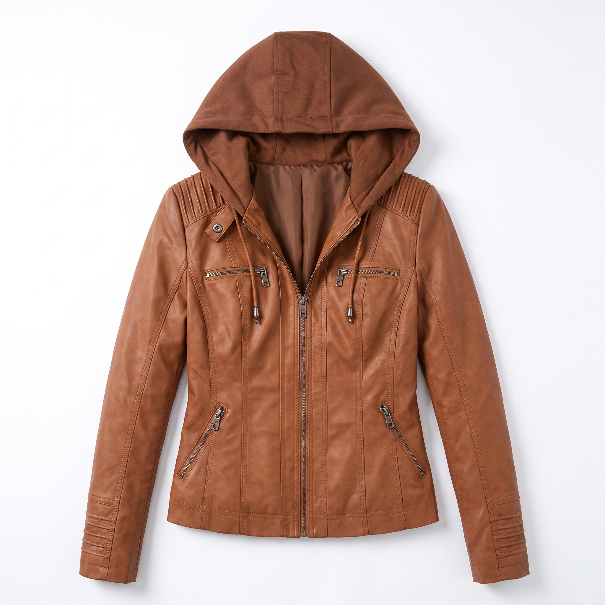 Women's Hooded Leather Biker Jacket with Zip Front, view 6 of 9