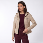 Women's Hooded Leather Biker Jacket with Zip Front, view 7 of 9