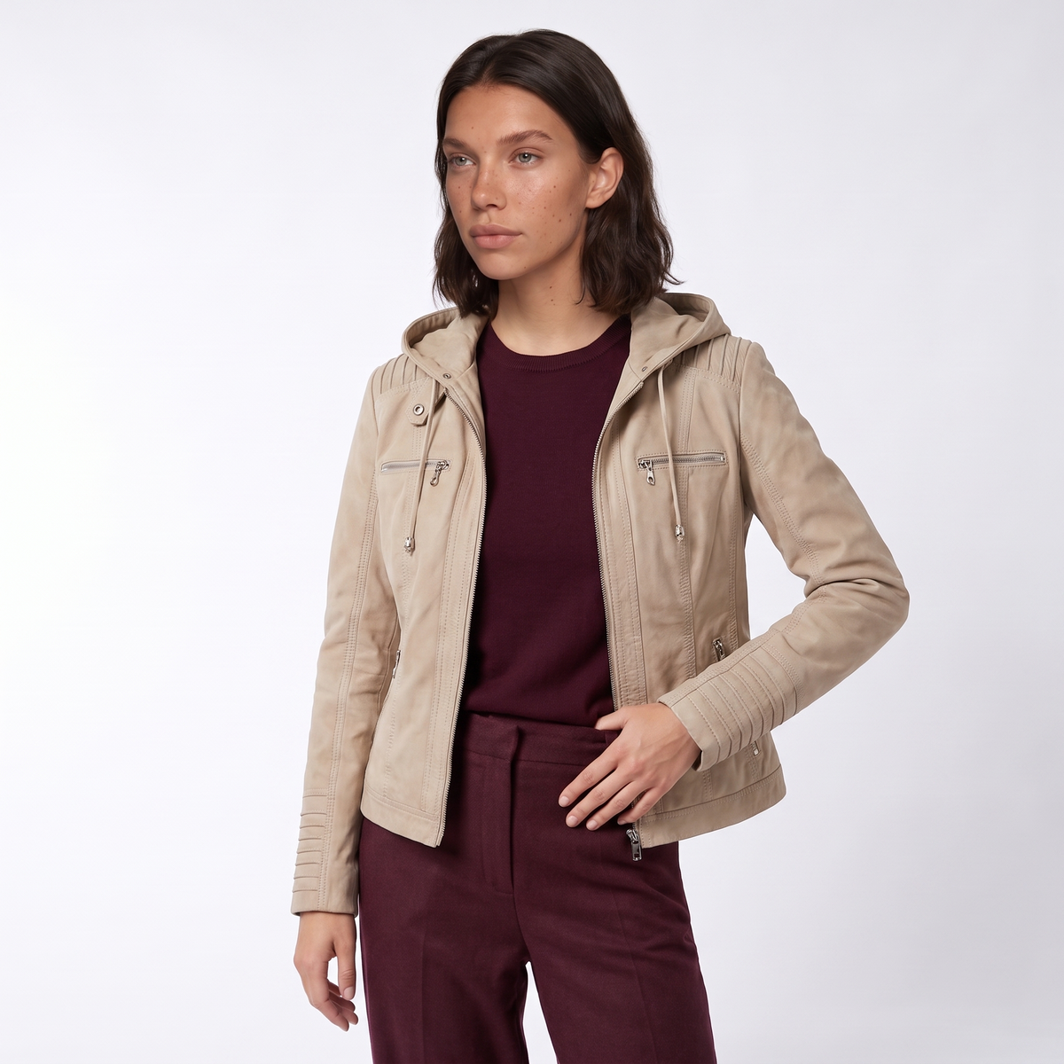 Women's Hooded Leather Biker Jacket with Zip Front, view 7 of 9