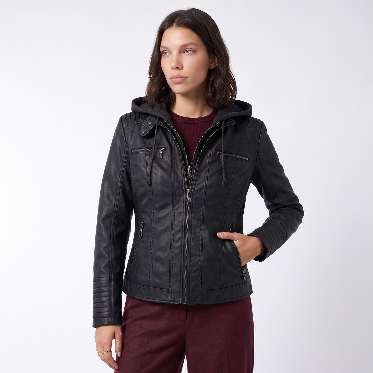 Women's Hooded Leather Biker Jacket with Zip Front, view 8 of 9