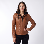 Women's Hooded Leather Biker Jacket with Zip Front, view 9 of 9