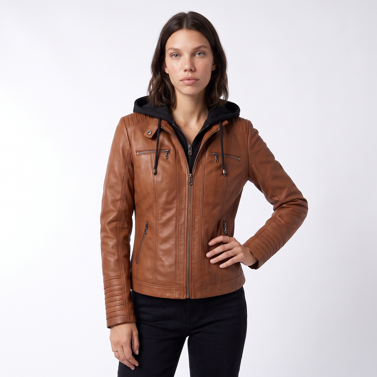 Women's Hooded Leather Biker Jacket with Zip Front, view 9 of 9