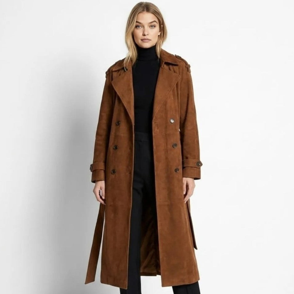 Women's Hooded Trench Coat with Belted Longline Fit, view 3 of 19