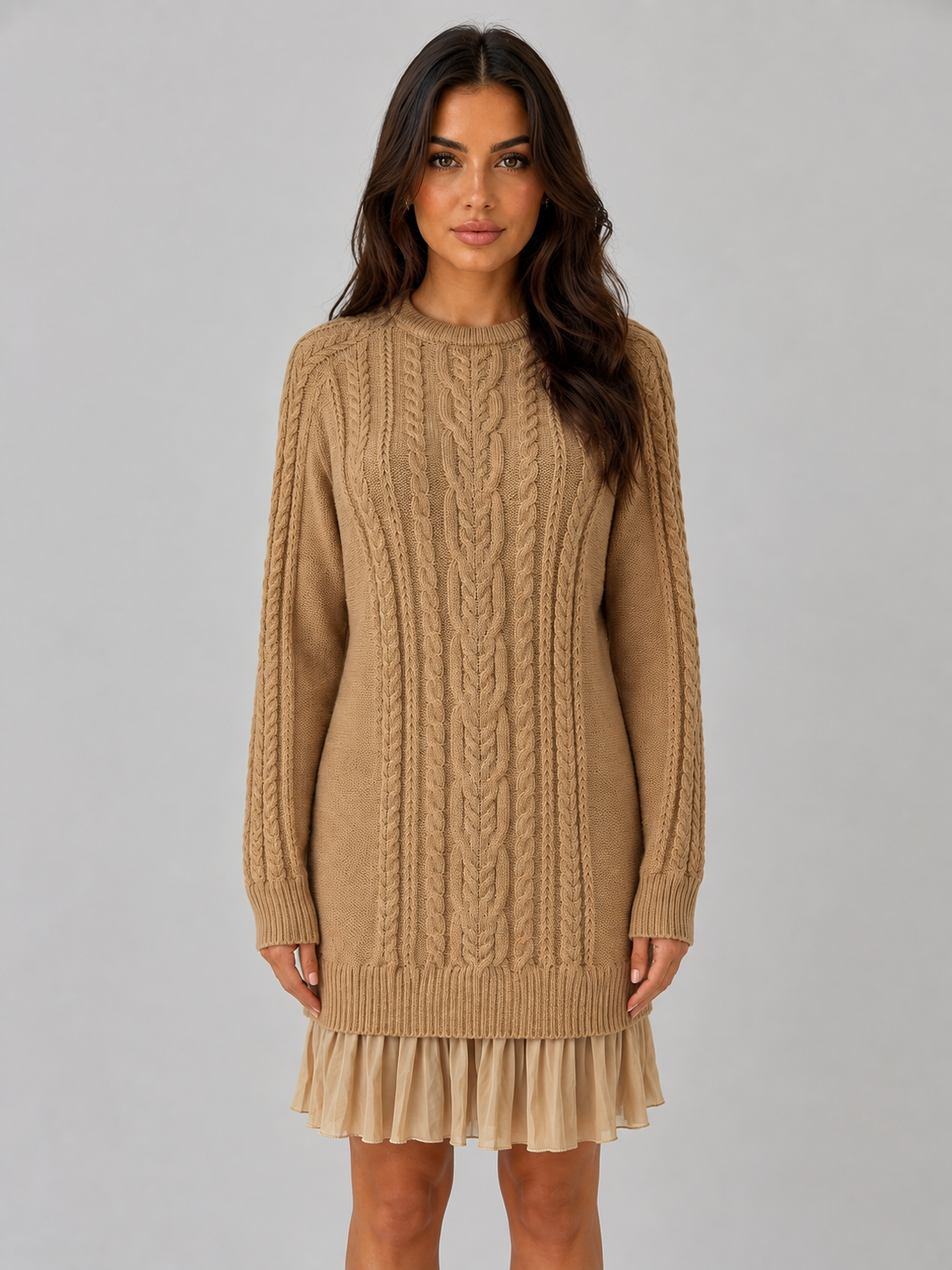 Women's khaki cable knit mini dress with pleated hem, front view