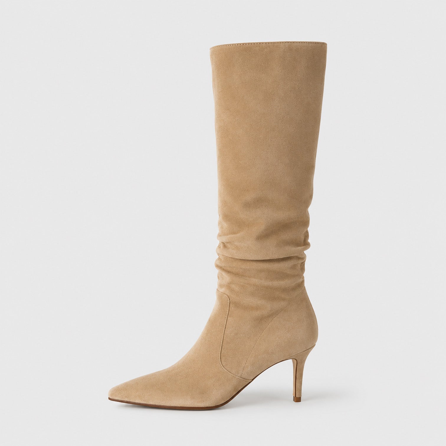Alternate product view 2 of women's Knee High Suede Boots with pointed toe stiletto heel.