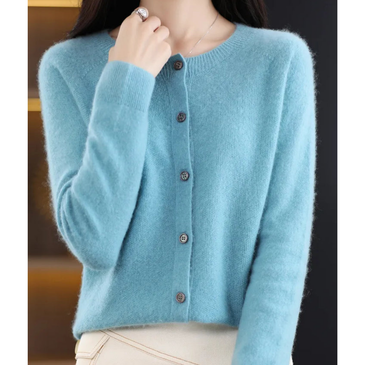 Women's Knit Cardigan with Round Neck Front Buttons, view 4 of 15