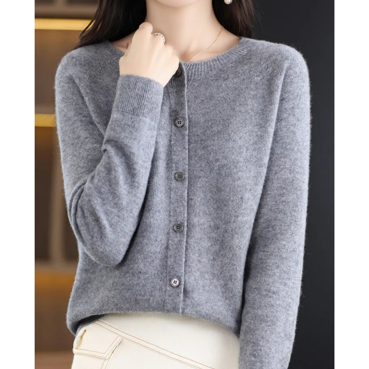 Women's Knit Cardigan with Round Neck Front Buttons, view 7 of 15