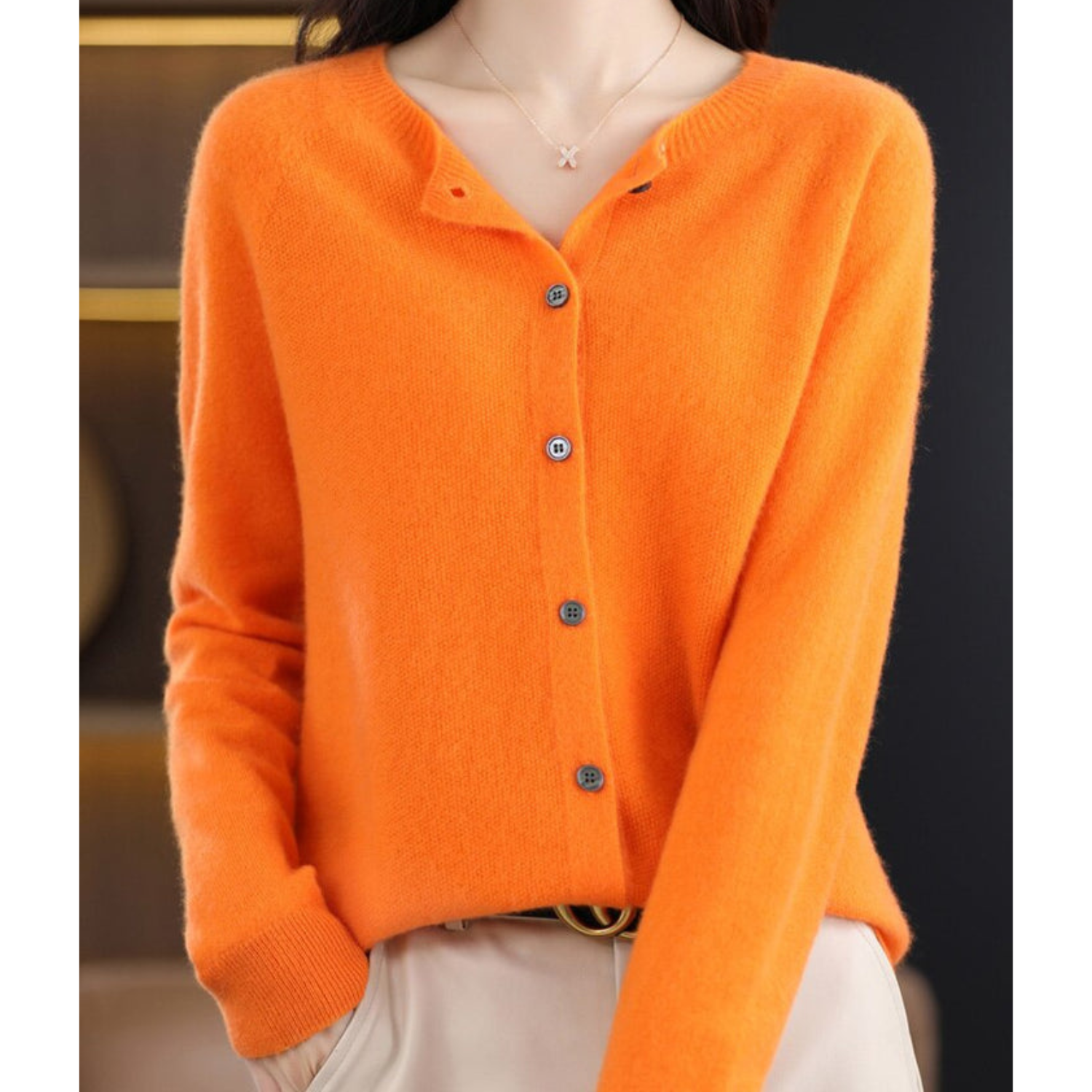 Women's Knit Cardigan with Round Neck Front Buttons, view 8 of 15