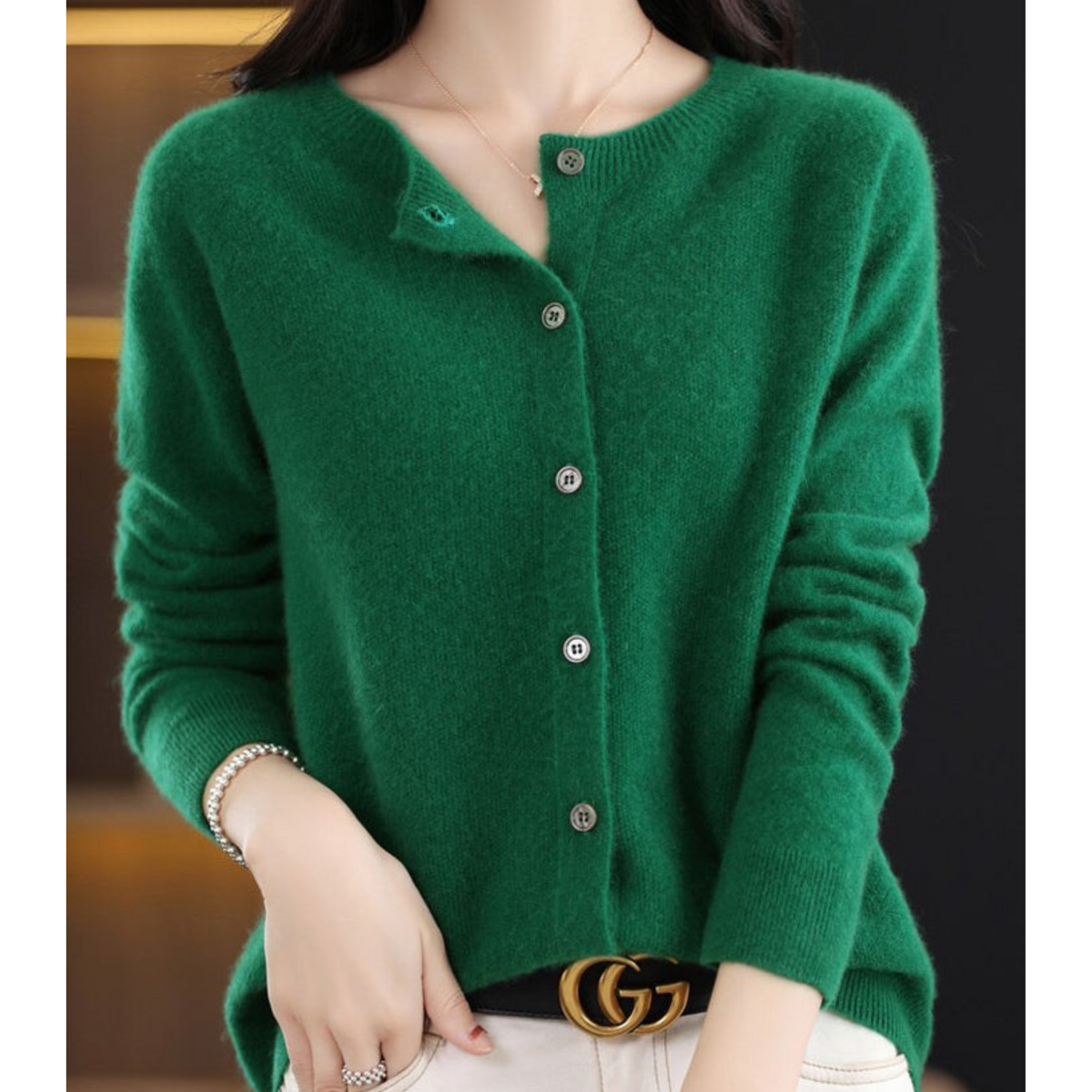 Women's Knit Cardigan with Round Neck Front Buttons, view 12 of 15