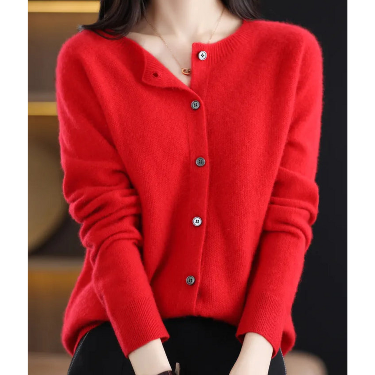 Women's Knit Cardigan with Round Neck Front Buttons, view 14 of 15